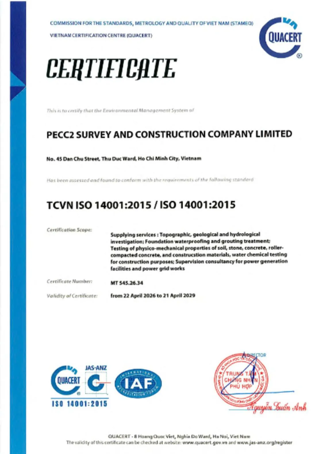 Chứng nhận ISO 14001:2015 của PSC