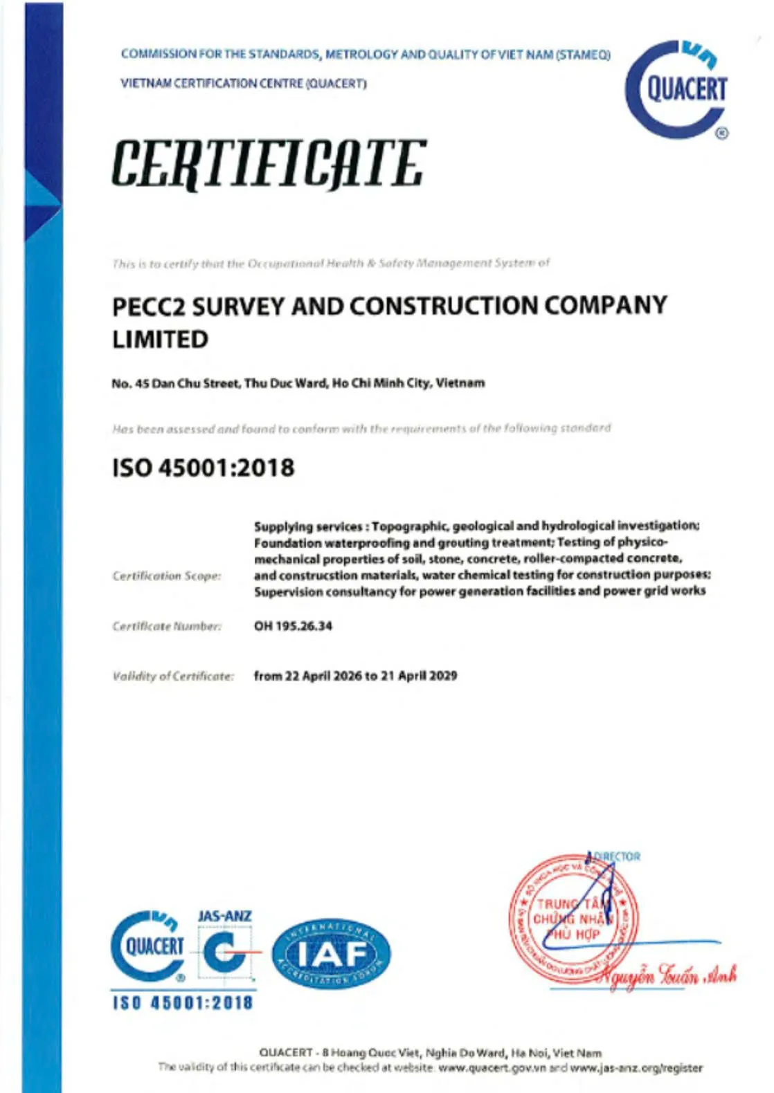 Chứng nhận ISO 45001:2018 của PSC