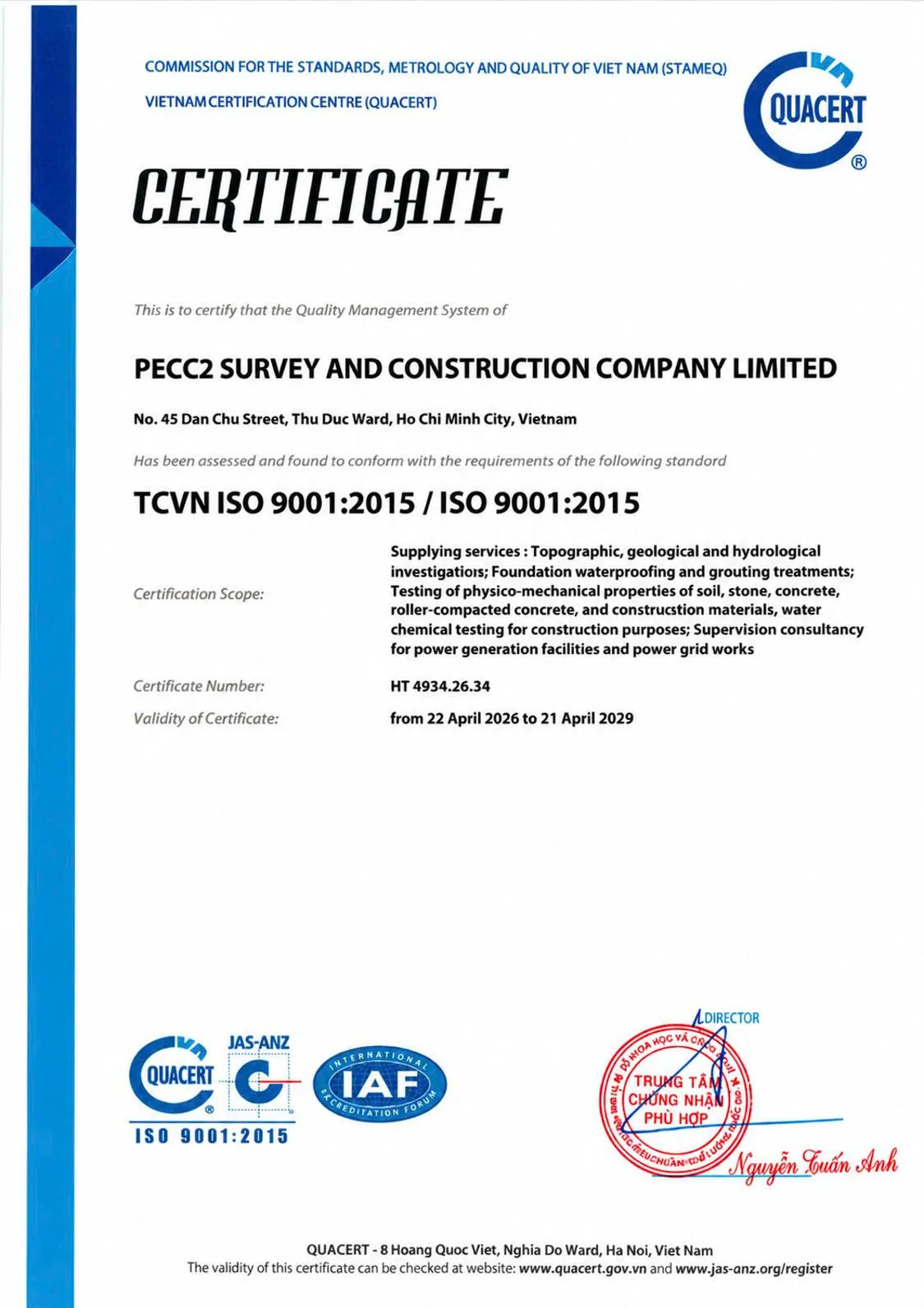 Chứng nhận ISO 9001:2015 của PSC